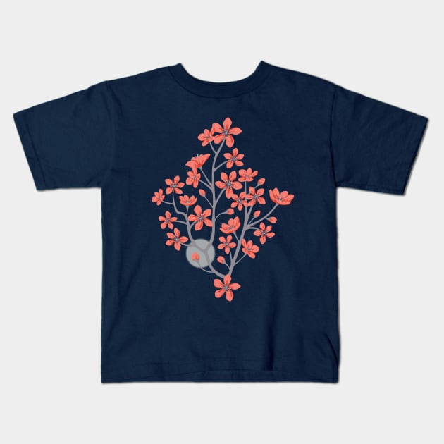 CHERRY BLOSSOMS Japanese Spring Floral Botanical with Sakura Flowers and Sun in Traditional Palette Blush Rust Gray Blue - UnBlink Studio by Jackie Tahara Kids T-Shirt by UnBlink Studio by Jackie Tahara